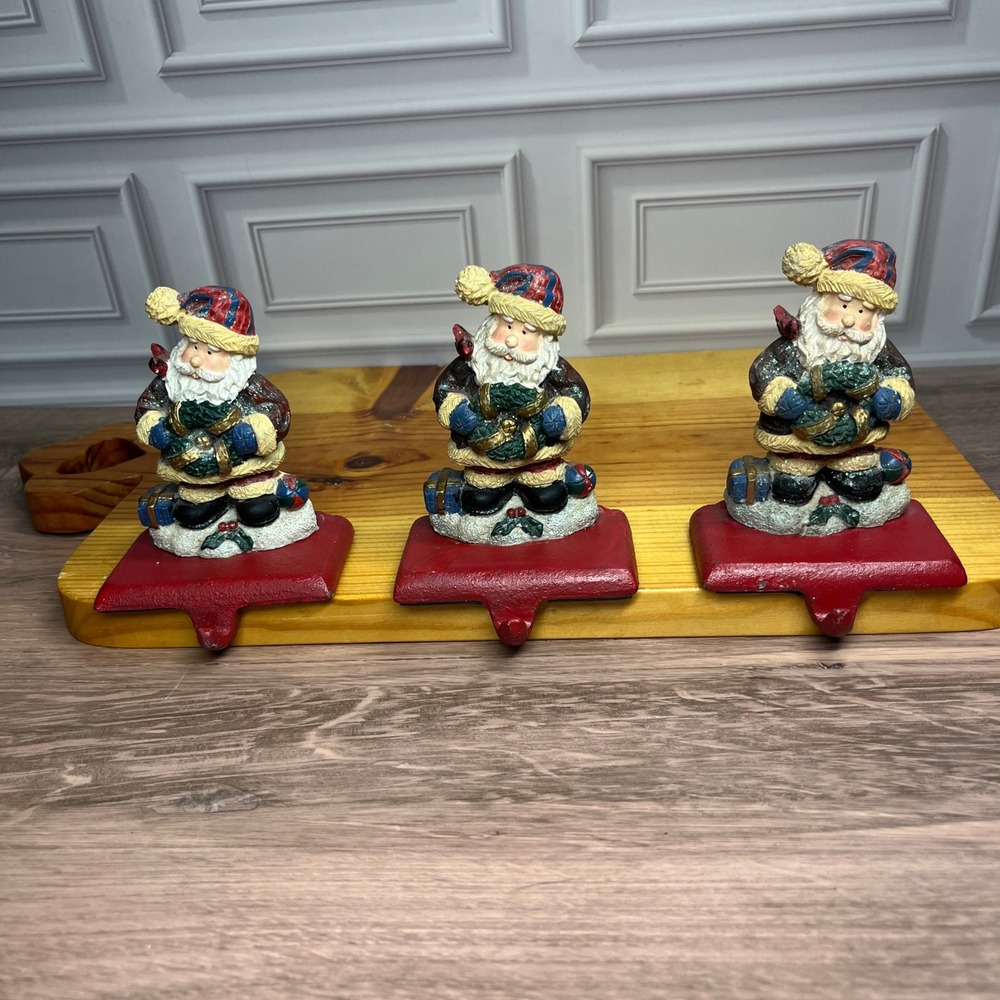 Santa Clause Stocking Holder Set of 3 Red Green Cast Iron Mantel